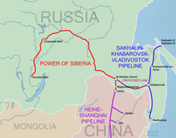 map showing the power of siberia natural gas pipeline from Russia to China