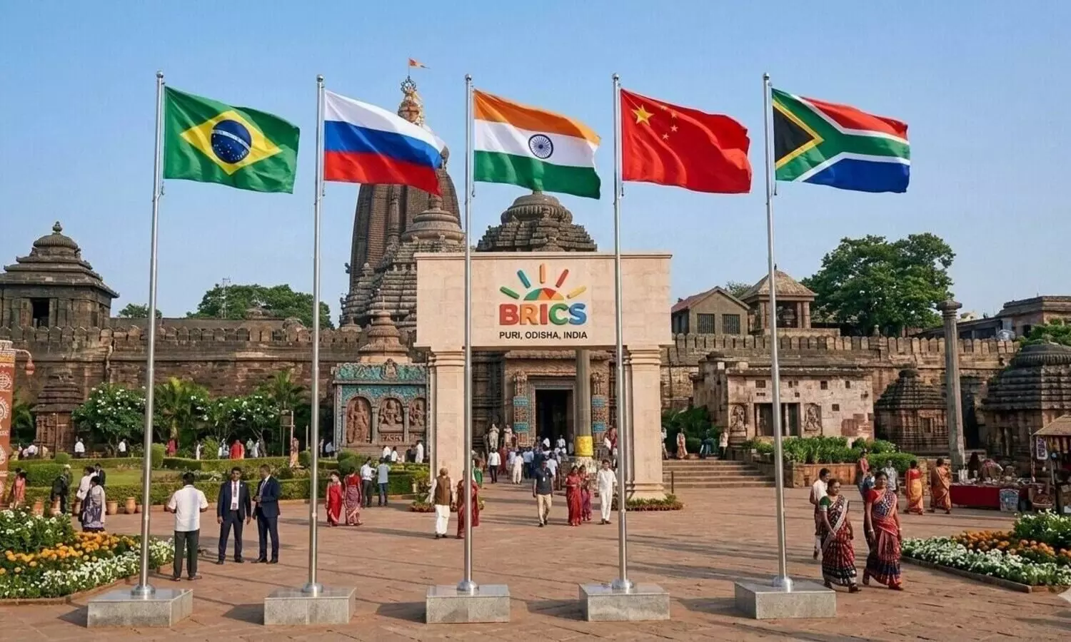 Flags of Brazil, Russia, India, China and South Africa flying in front of Puri Mandir